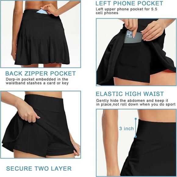 Pleated Tennis Skirt Skort w/ Pockets Built in Shorts High Waisted Golf Sz L - Picture 3 of 6